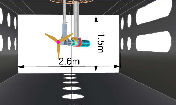 Turbine assembly inside cavitation tunnel at 20degrees yaw angle