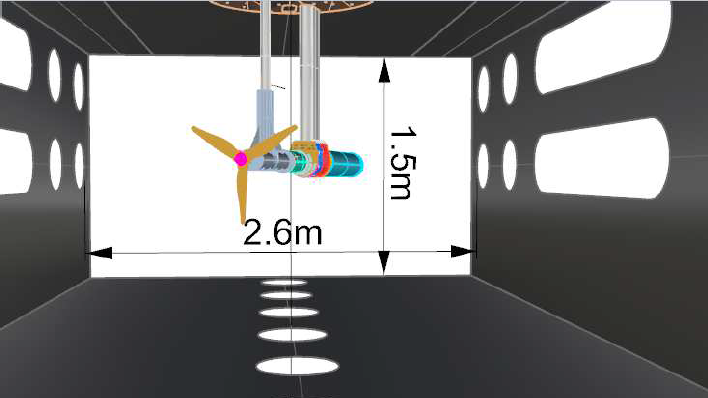 Turbine assembly inside cavitation tunnel at 20degrees yaw angle